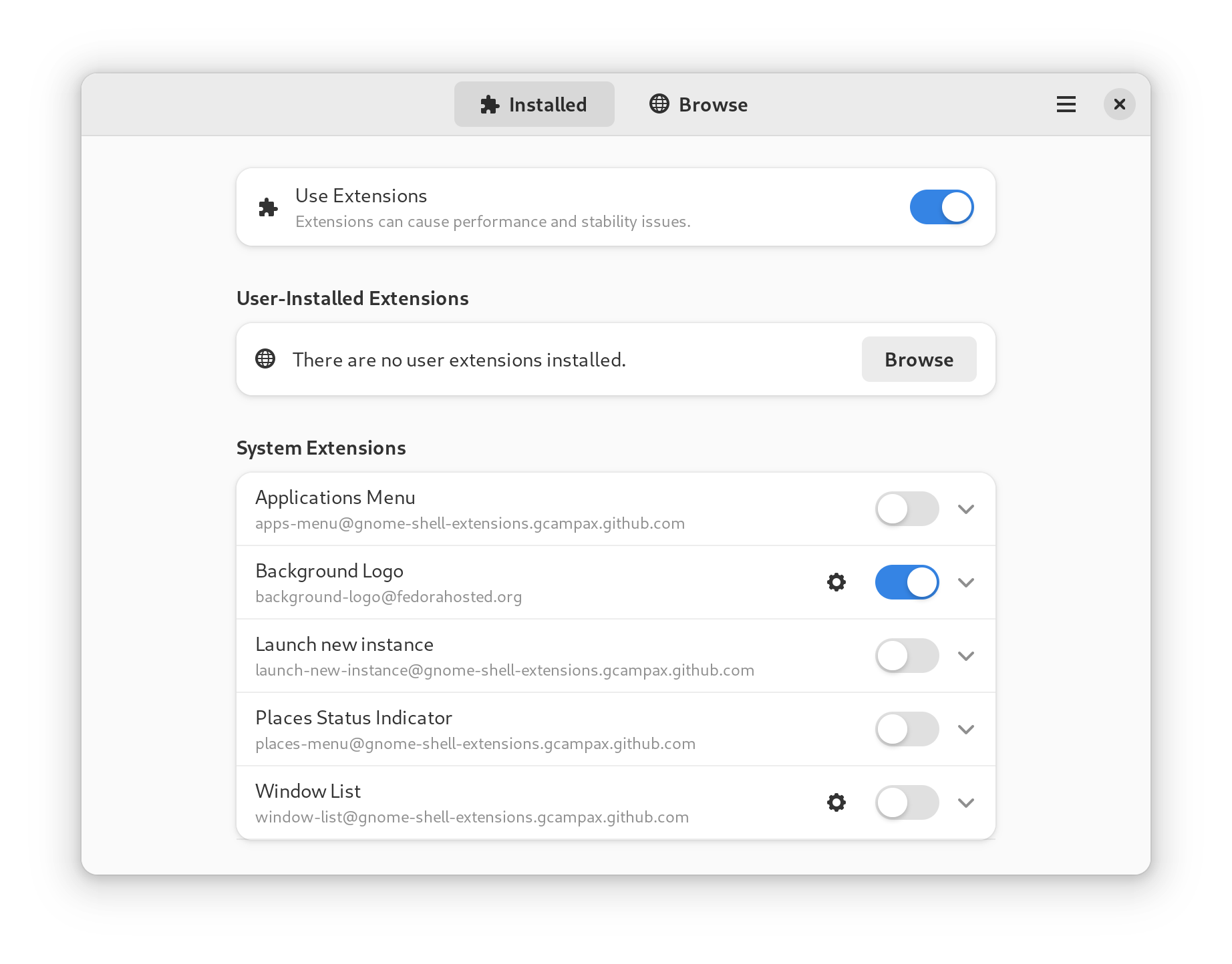 Hoofdscherm van de app Extension Manager